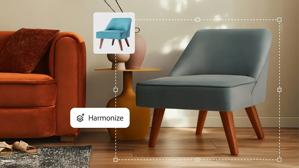 Ein Stuhl wird in Photoshop mit Harmonize bearbeitet